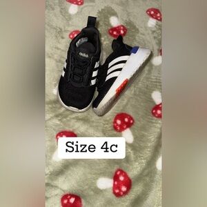 Adidas Kids Black and White Sneakers with Red and Blue Accents